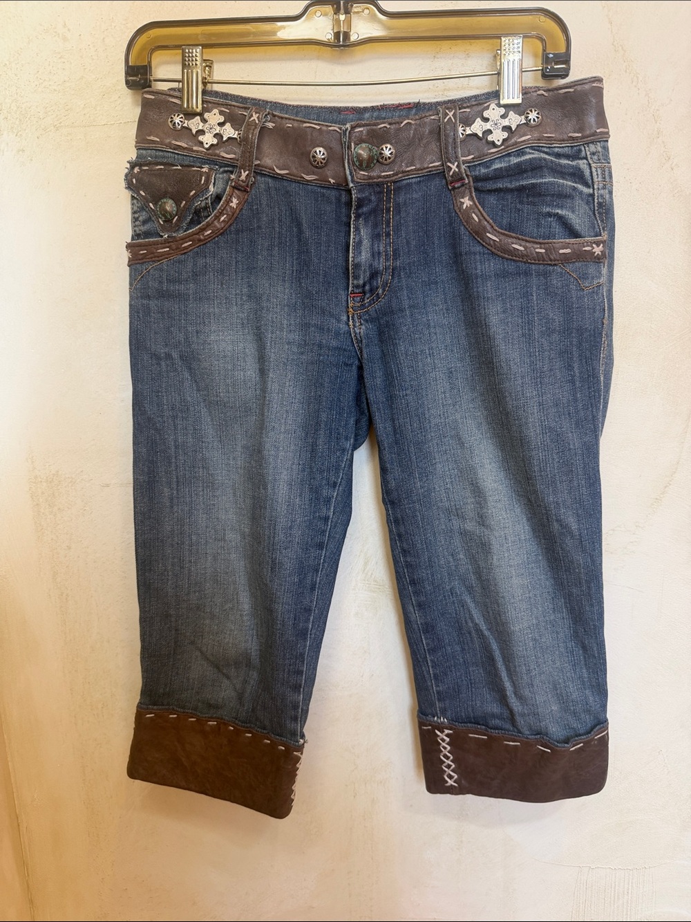 My Tribe Blue Denim Cropped Jeans with Brown Leather Trim